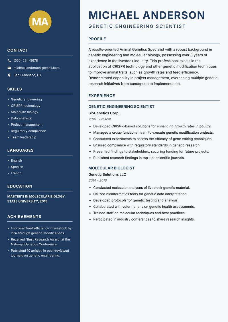 Animal Genetics Specialist resume template — Classic Clean
