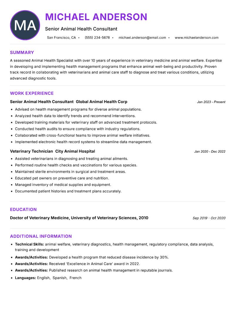 Animal Health Specialist resume example — ATS-friendly template