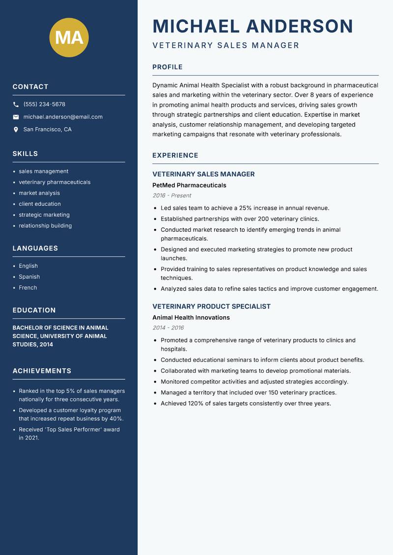 Animal Health Specialist resume template — Classic Clean