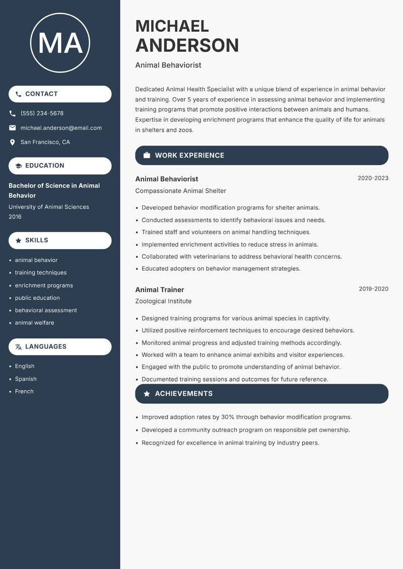 Animal Health Specialist resume template — Compact