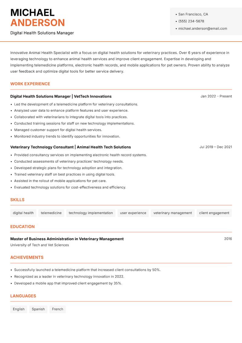 Animal Health Specialist resume template — Modern Professional