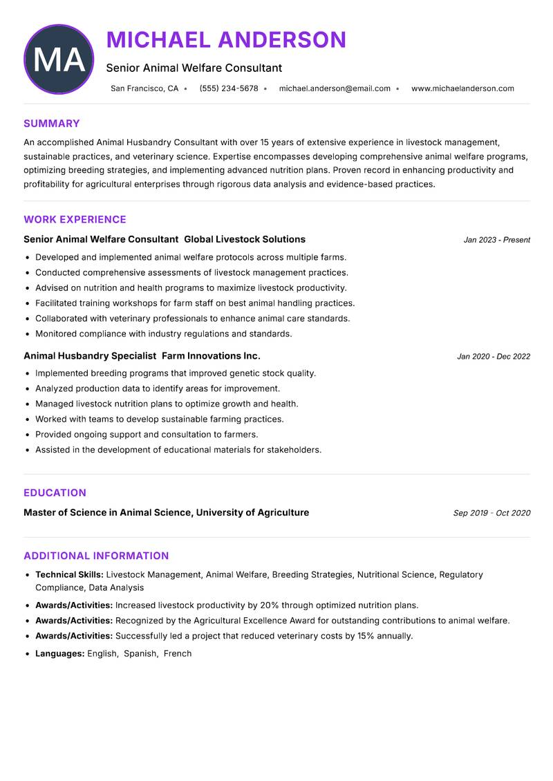 Animal Husbandry Consultant resume example — ATS-friendly template