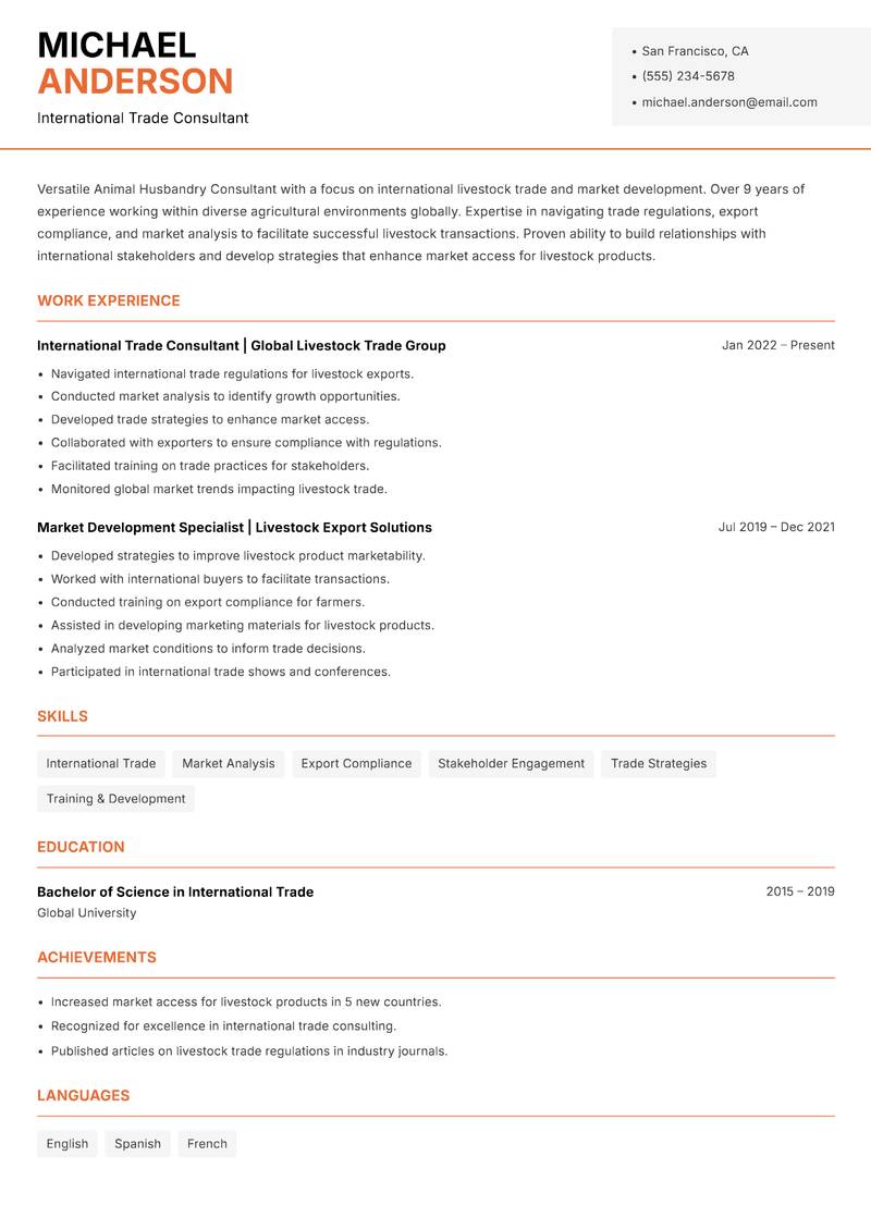 Animal Husbandry Consultant resume template — Modern Professional