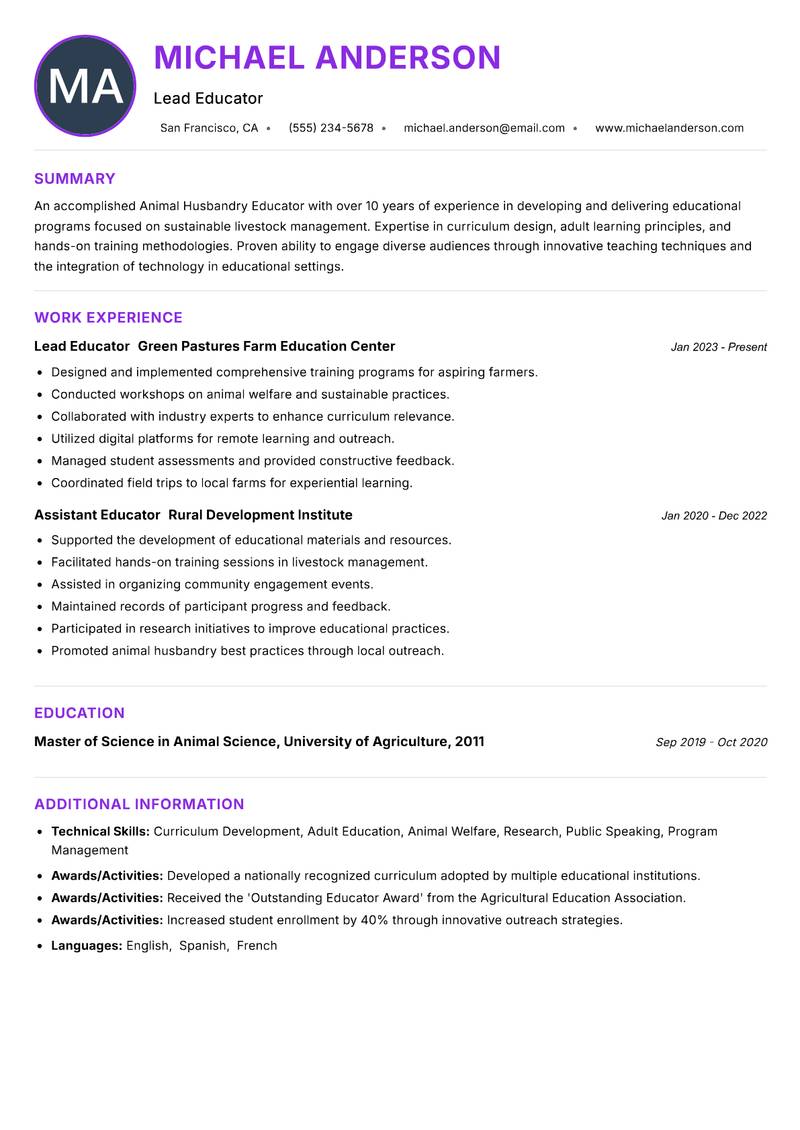 Animal Husbandry Educator resume example — ATS-friendly template