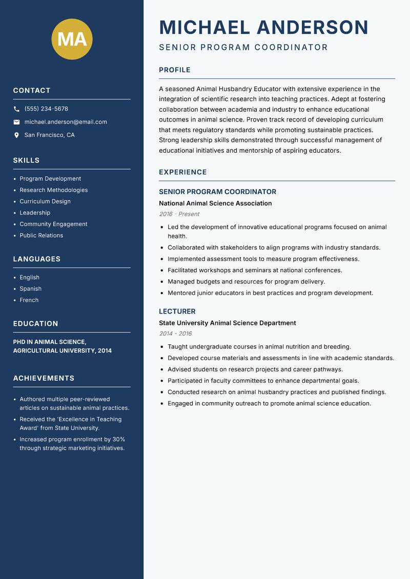 Animal Husbandry Educator resume template — Classic Clean