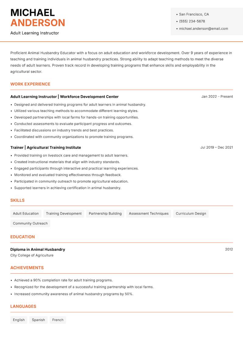 Animal Husbandry Educator resume template — Modern Professional