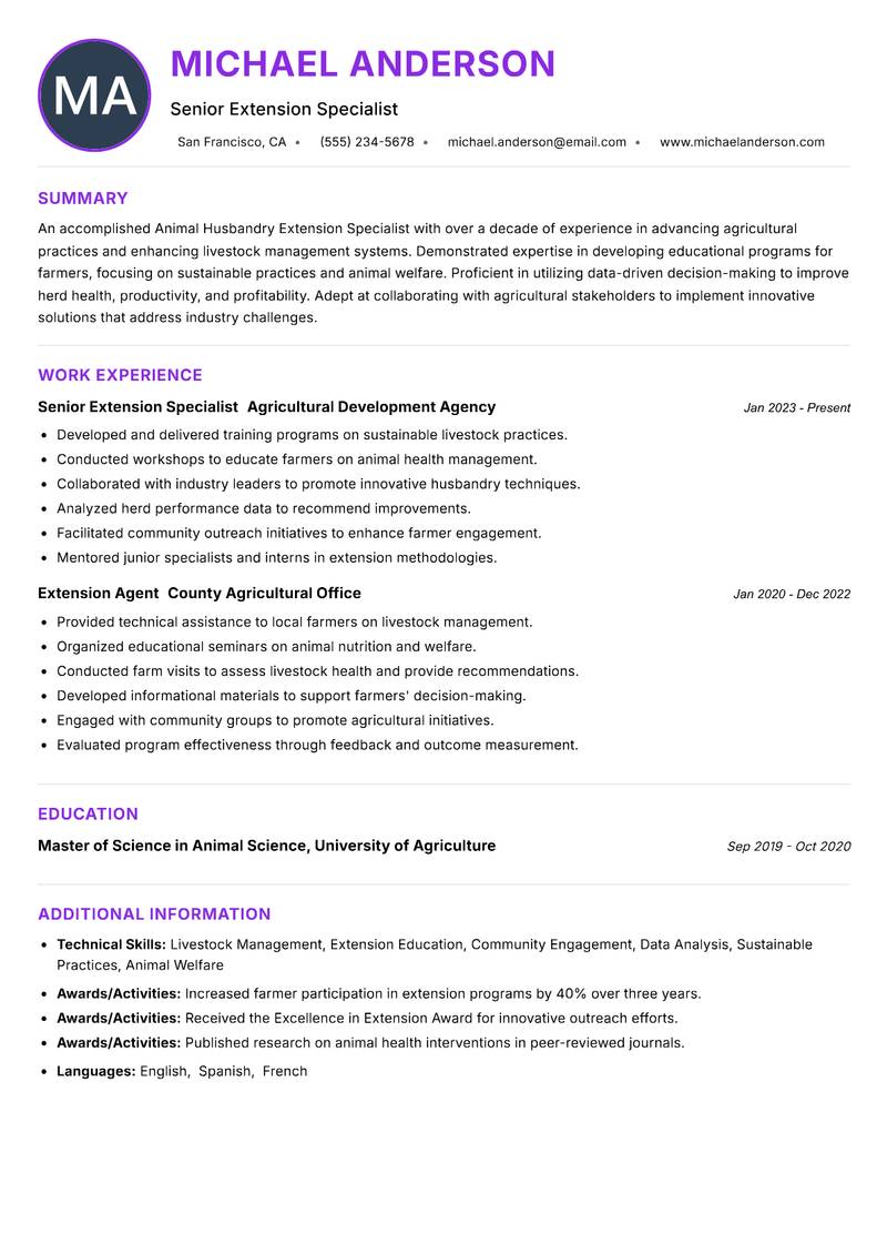 Animal Husbandry Extension Specialist resume example — ATS-friendly template