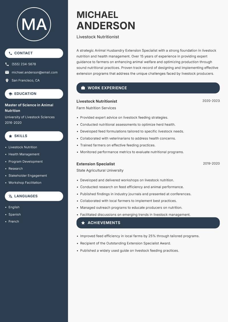 Animal Husbandry Extension Specialist resume template — Compact