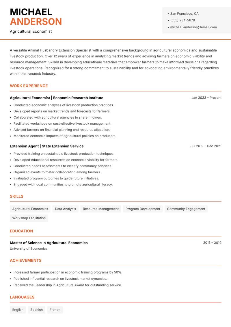 Animal Husbandry Extension Specialist resume template — Modern Professional