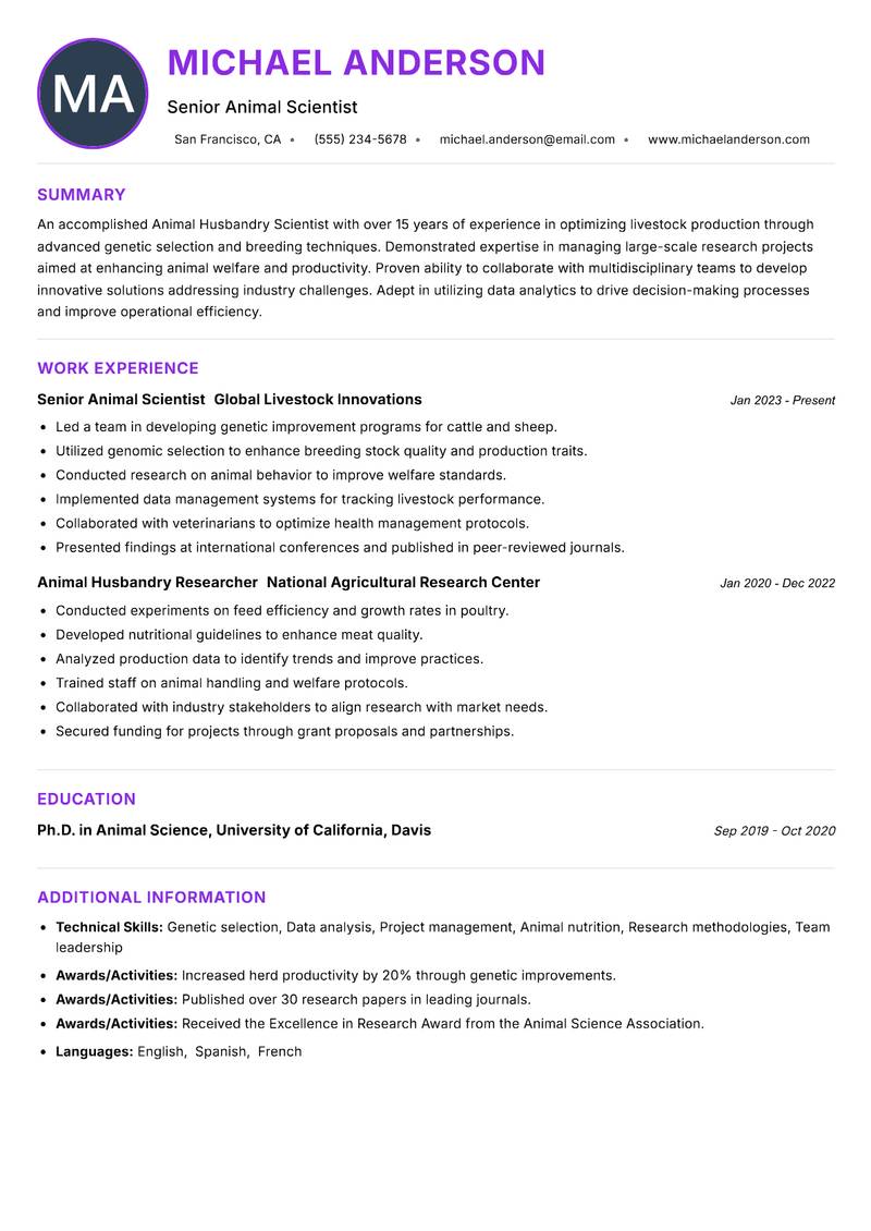 Animal Husbandry Scientist resume example — ATS-friendly template