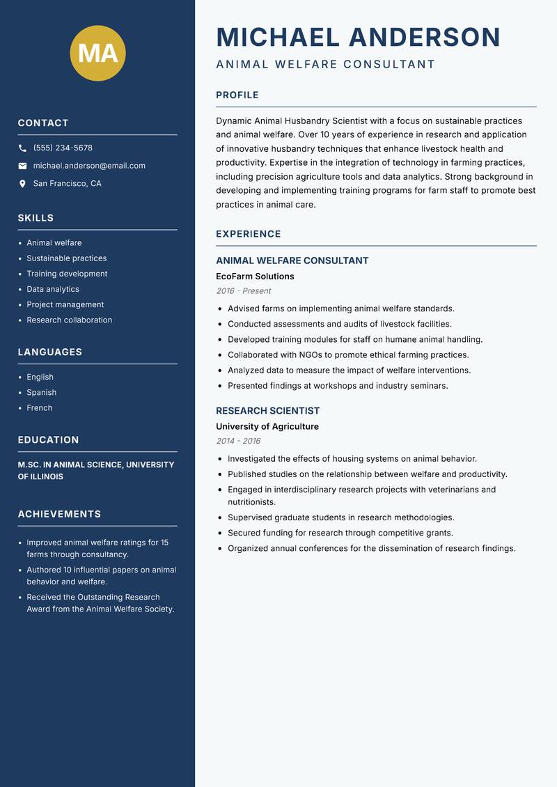 Animal Husbandry Scientist resume template — Classic Clean