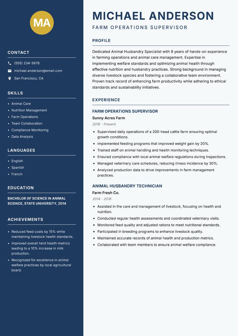 Animal Husbandry Specialist resume template — Classic Clean