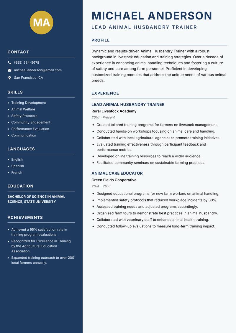 Animal Husbandry Trainer resume template — Classic Clean