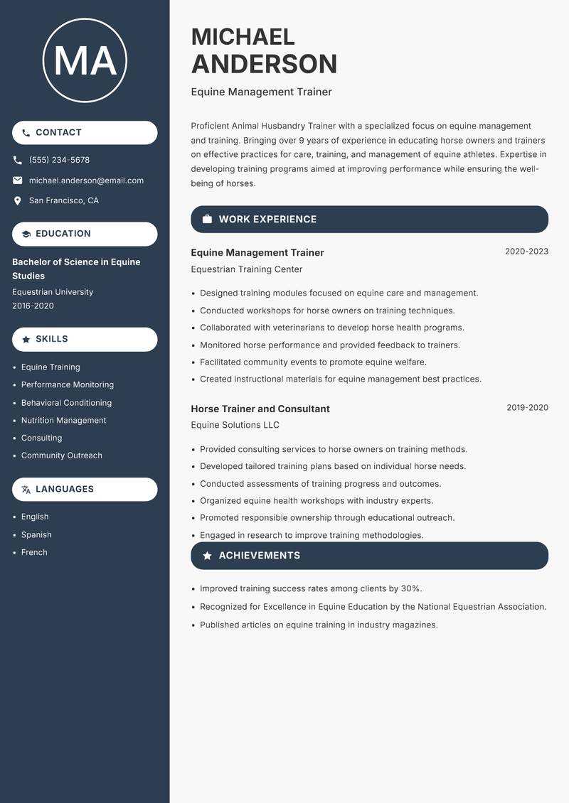 Animal Husbandry Trainer resume template — Compact