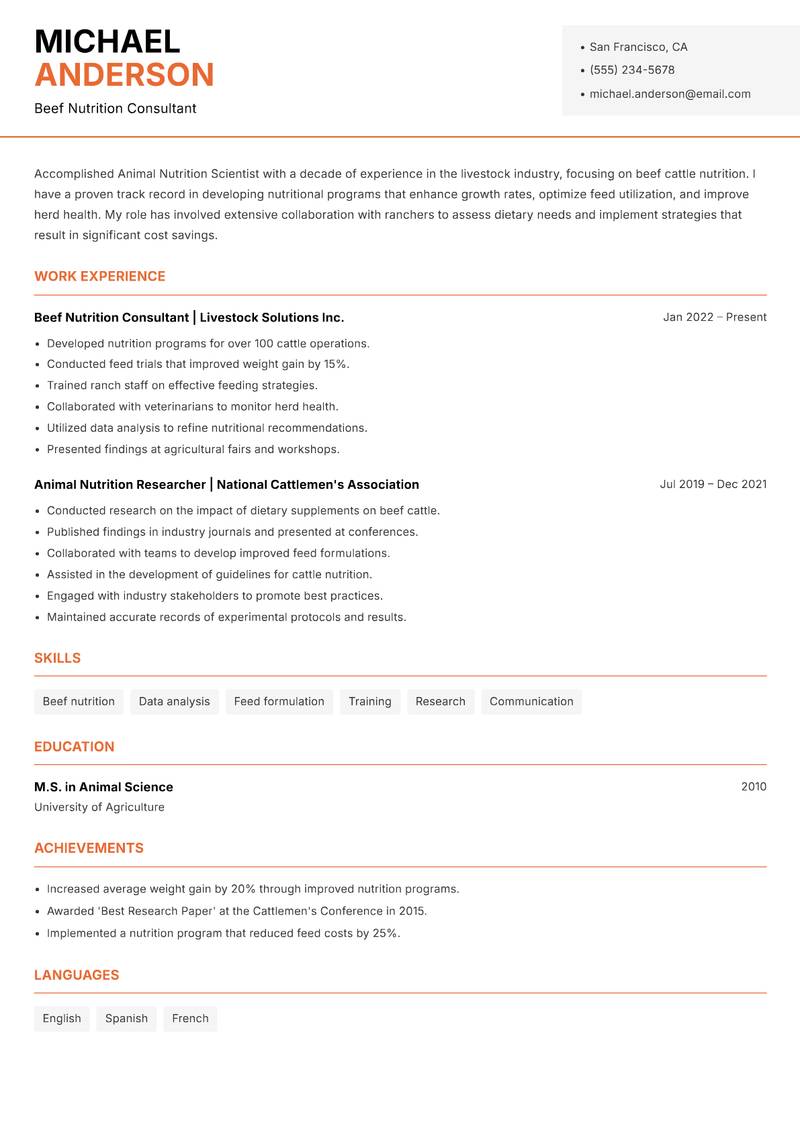 Animal Nutrition Scientist resume template — Modern Professional