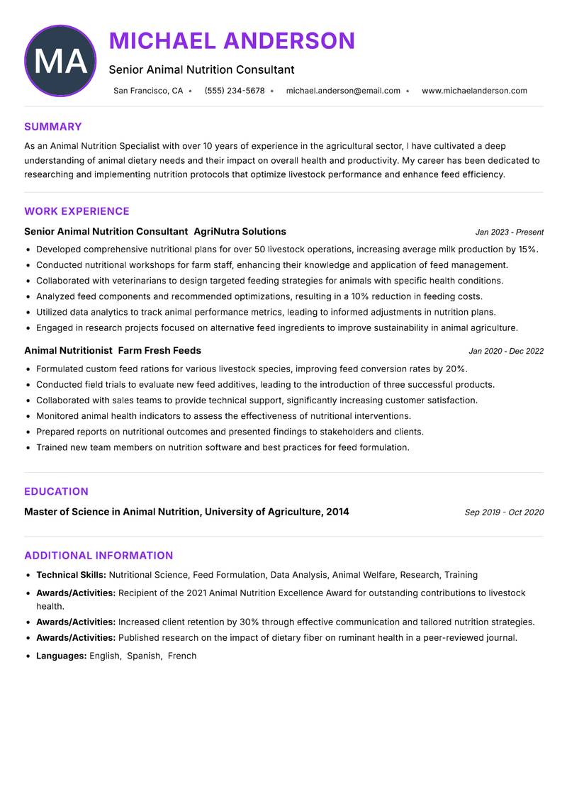 Animal Nutrition Specialist resume example — Veterinary Science