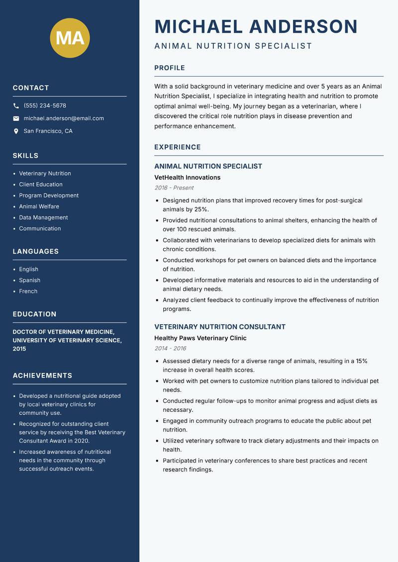 Animal Nutrition Specialist resume template — Classic Clean
