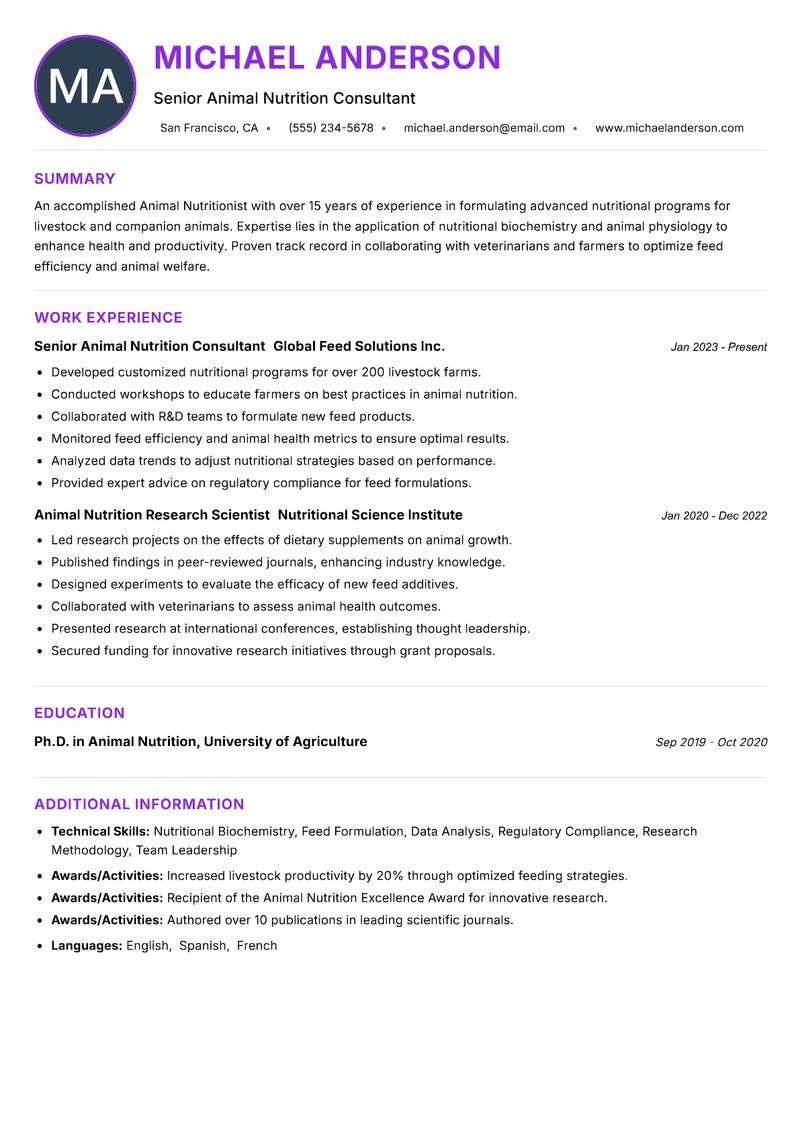 Animal Nutritionist resume example — ATS-friendly template