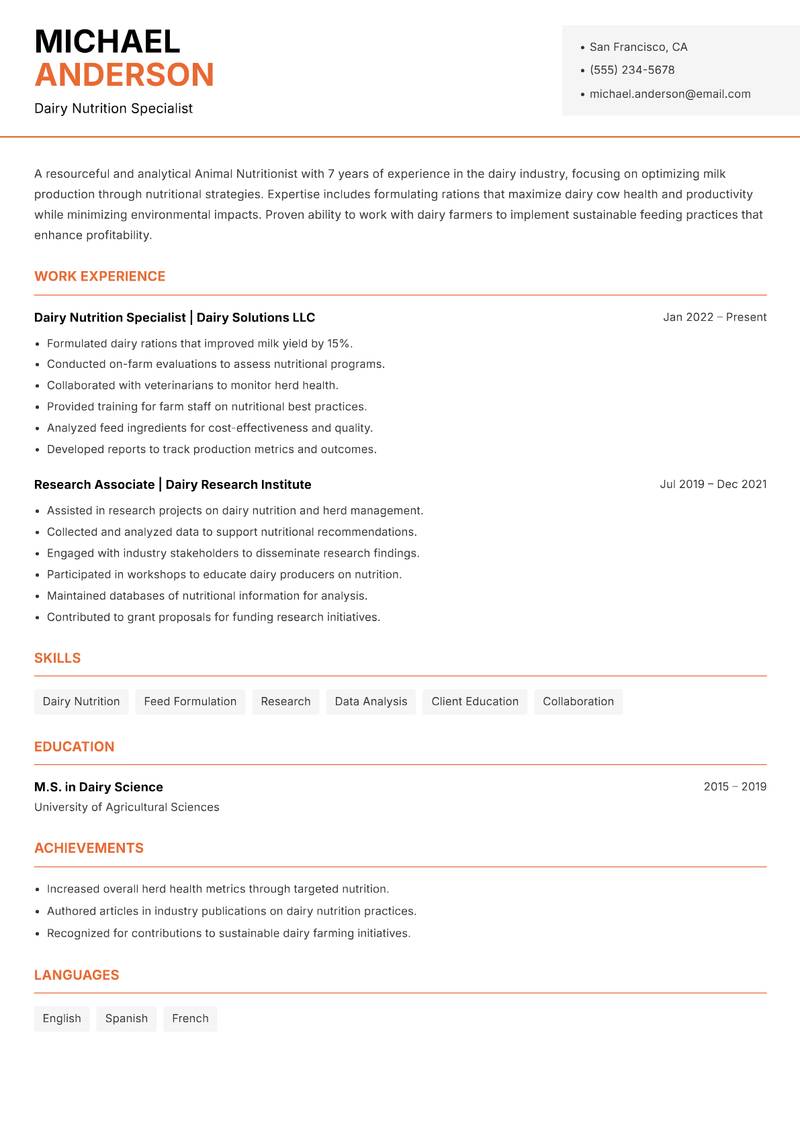 Animal Nutritionist resume template — Modern Professional