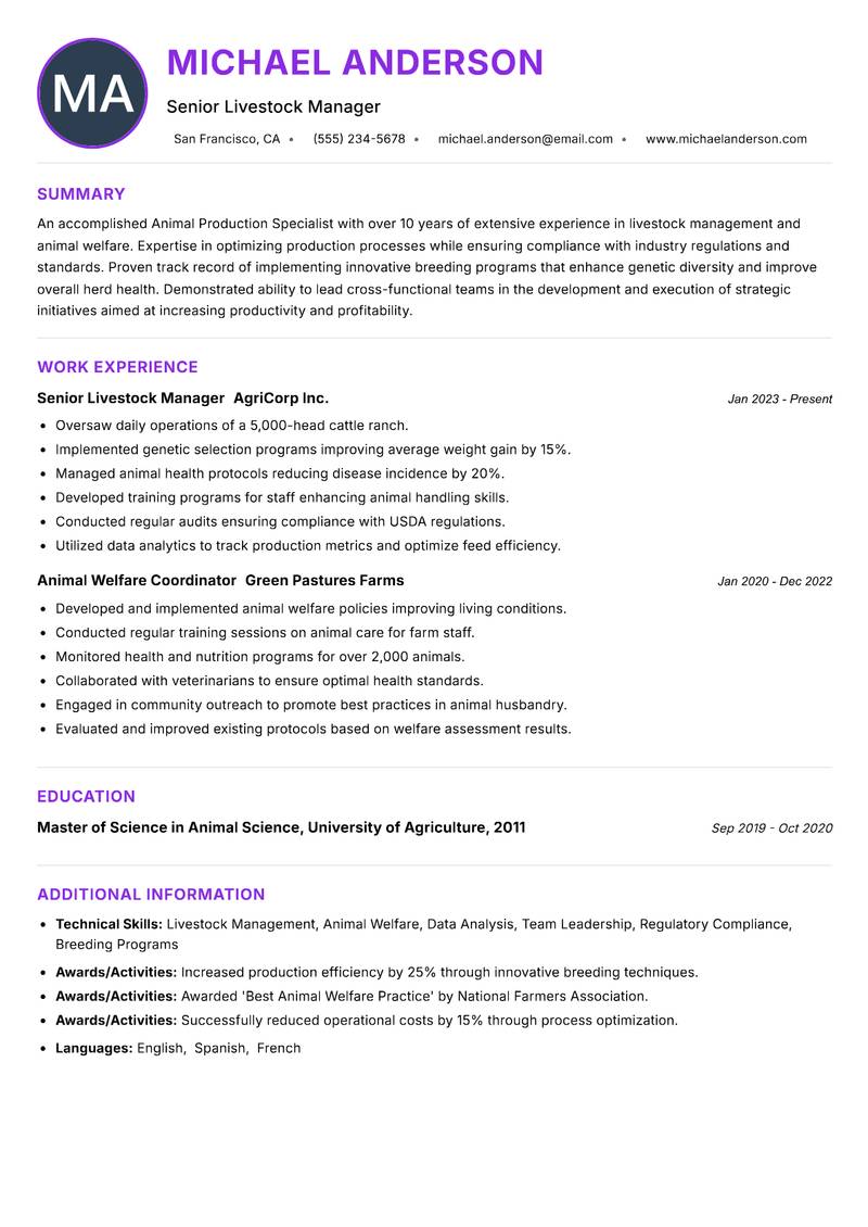 Animal Production Specialist resume example — ATS-friendly template