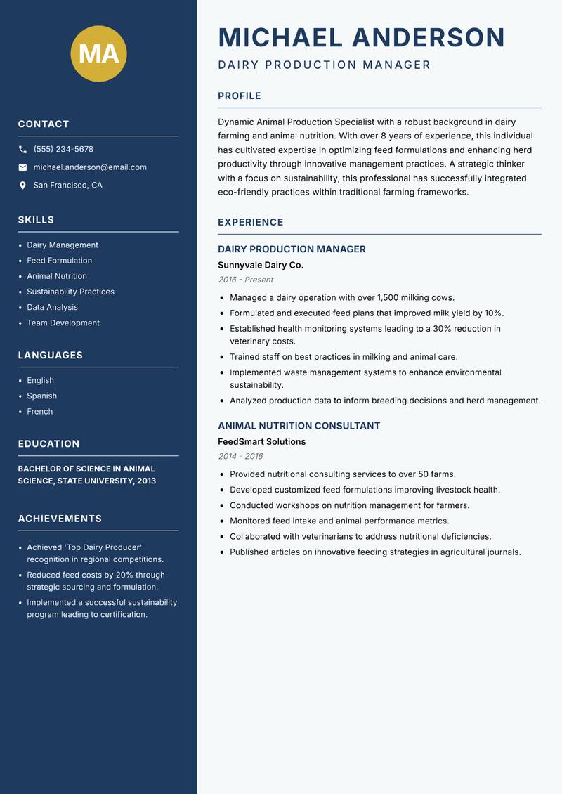 Animal Production Specialist resume template — Classic Clean