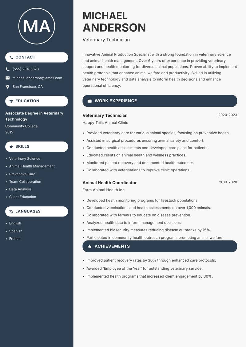 Animal Production Specialist resume template — Compact