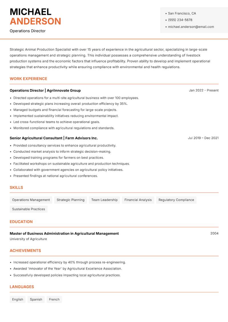 Animal Production Specialist resume template — Modern Professional