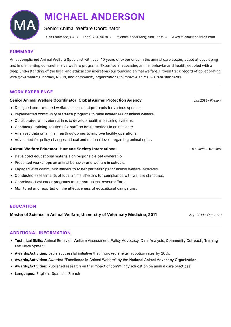 Animal Welfare Specialist resume example — ATS-friendly template