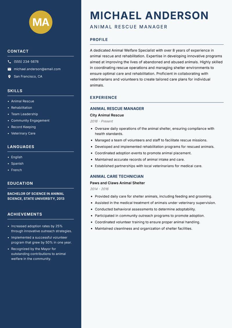 Animal Welfare Specialist resume template — Classic Clean