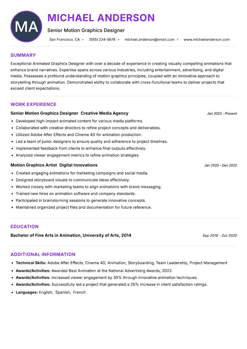 Animated Graphics Designer resume example — ATS-friendly template