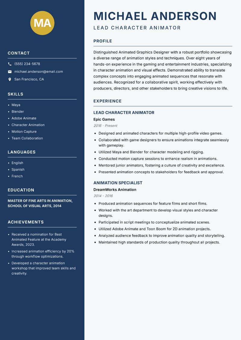 Animated Graphics Designer resume template — Classic Clean