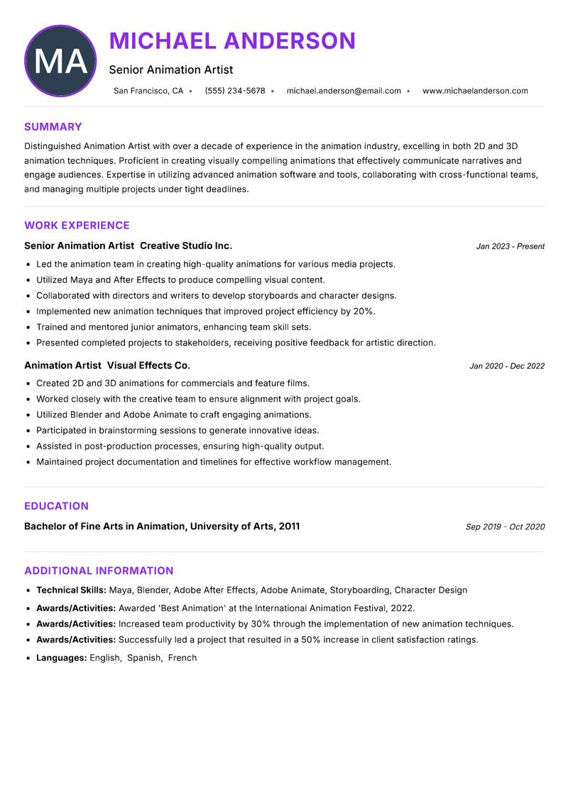 Animation Artist resume example — ATS-friendly template