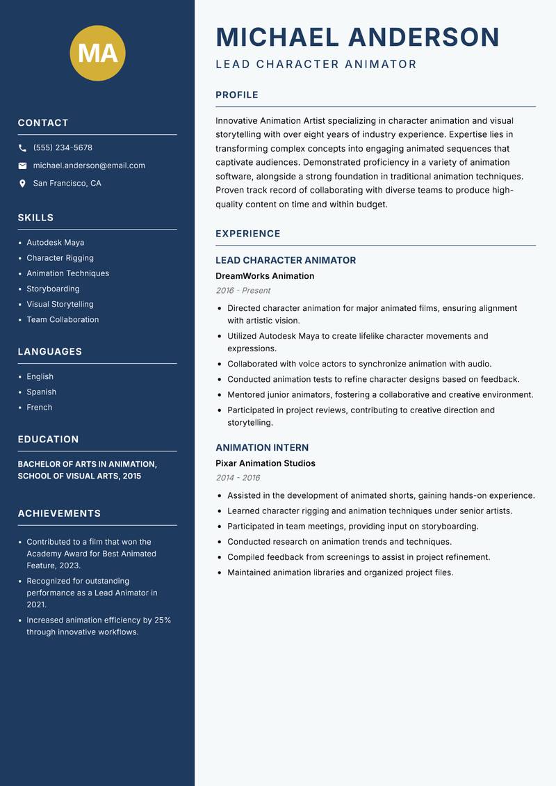 Animation Artist resume template — Classic Clean