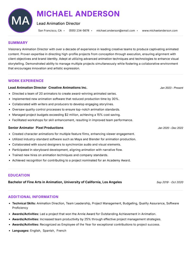 Animation Director resume example — ATS-friendly template
