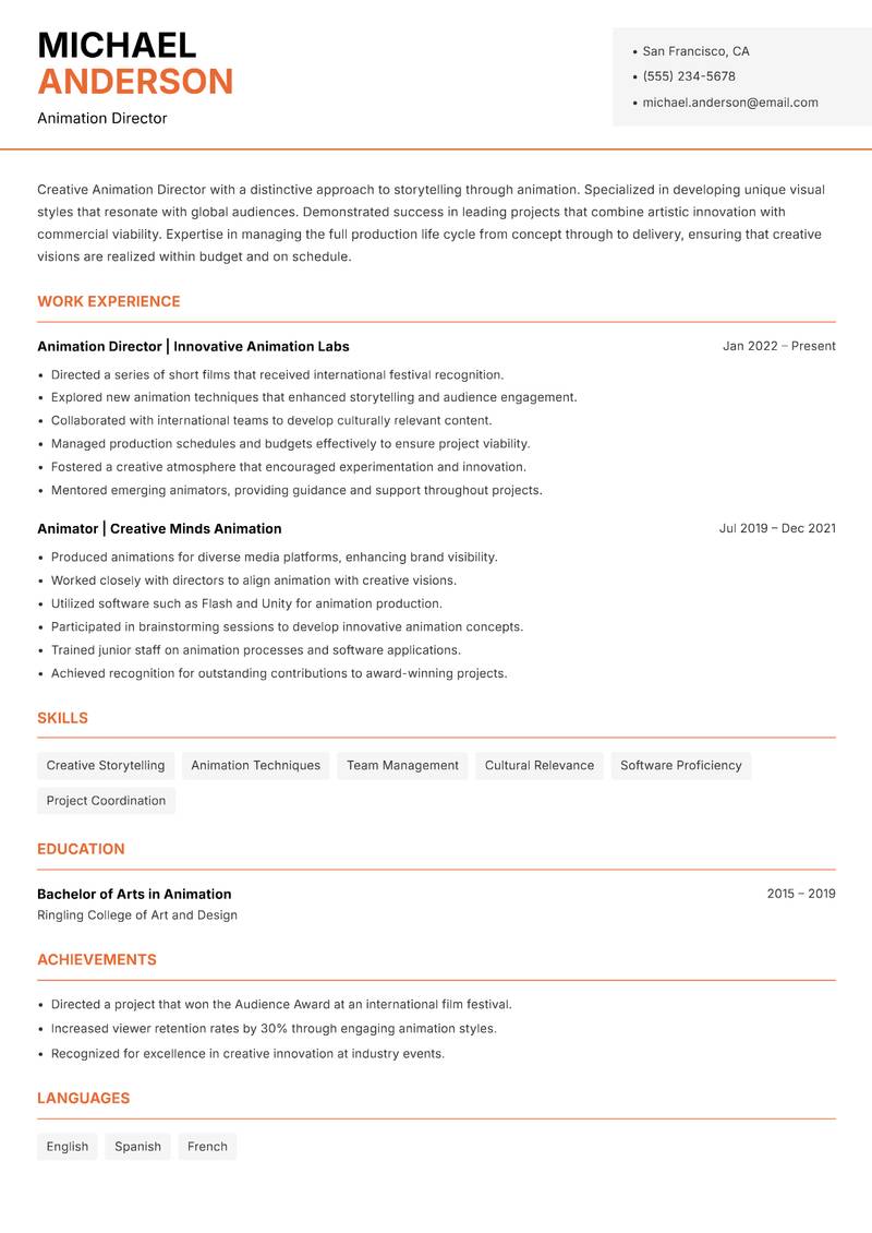 Animation Director resume template — Modern Professional