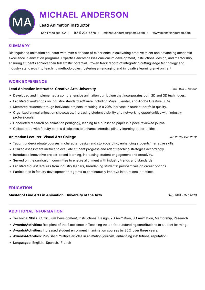 Animation Faculty resume example — ATS-friendly template