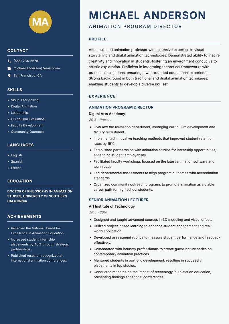 Animation Faculty resume template — Classic Clean