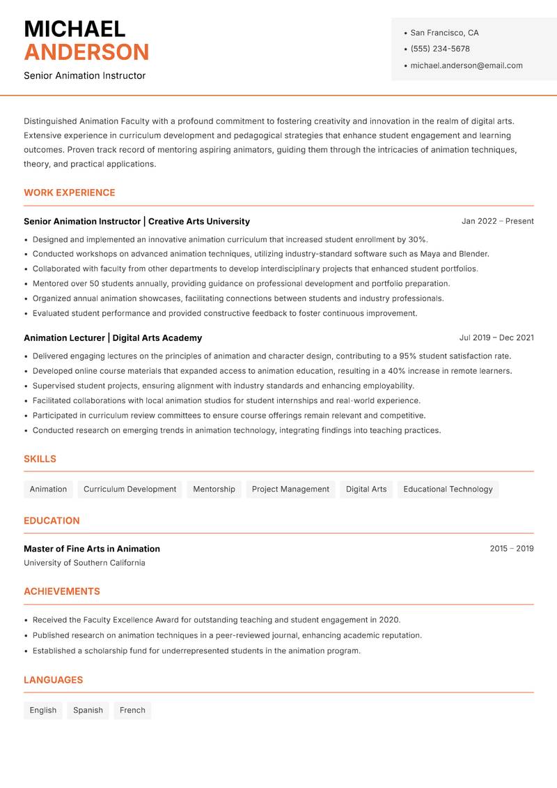 Animation Faculty resume template — Modern Professional