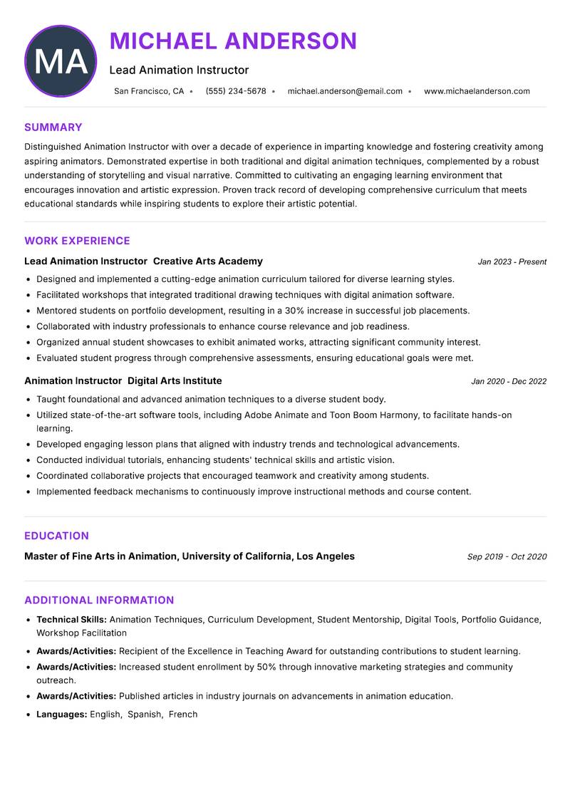 Animation Instructor resume example — ATS-friendly template