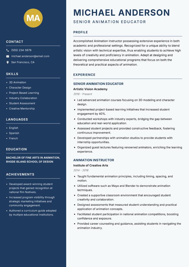Animation Instructor resume template — Classic Clean