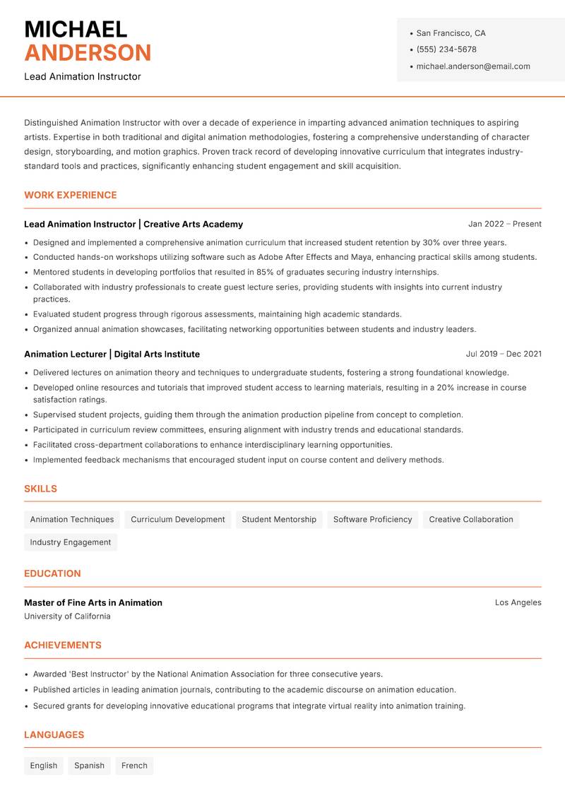Animation Instructor resume template — Modern Professional