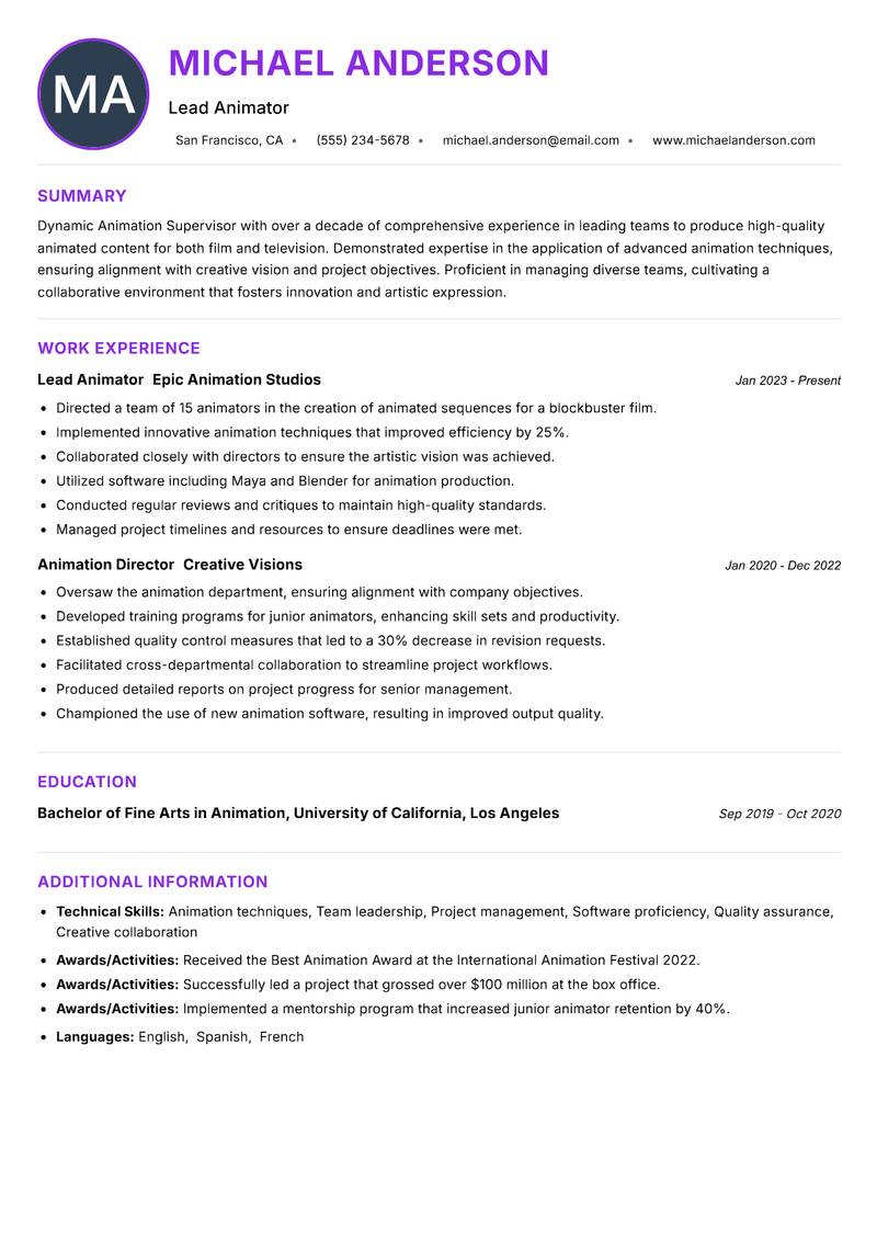 Animation Supervisor resume example — ATS-friendly template