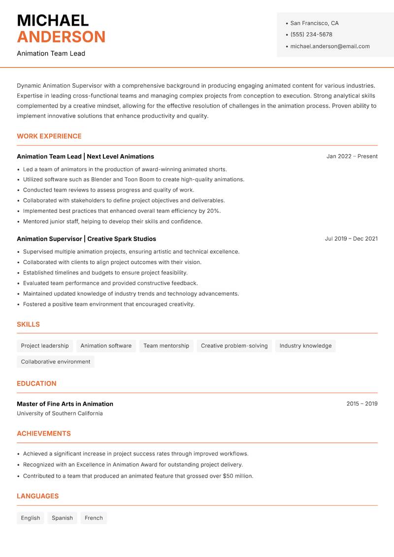 Animation Supervisor resume template — Modern Professional