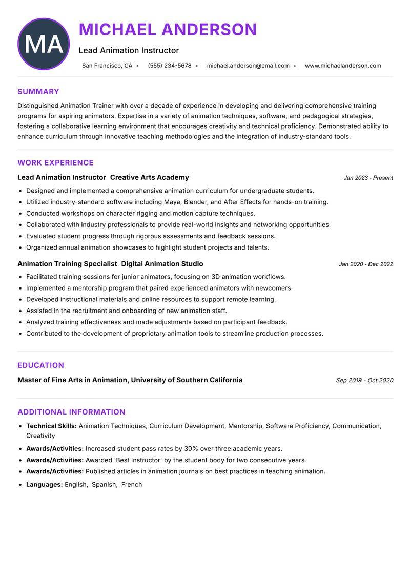 Animation Trainer resume example — ATS-friendly template
