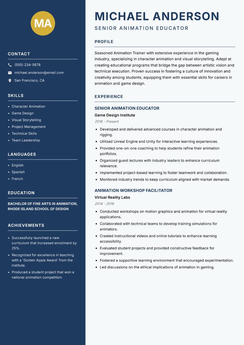 Animation Trainer resume template — Classic Clean