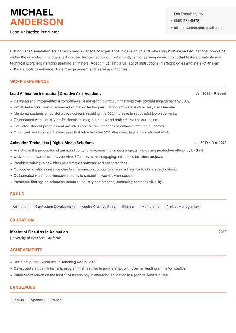 Animation Trainer resume template — Modern Professional
