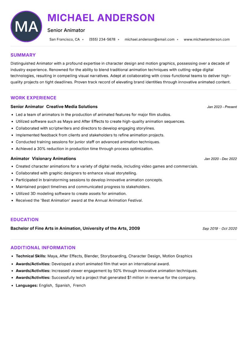 Animator resume example — ATS-friendly template