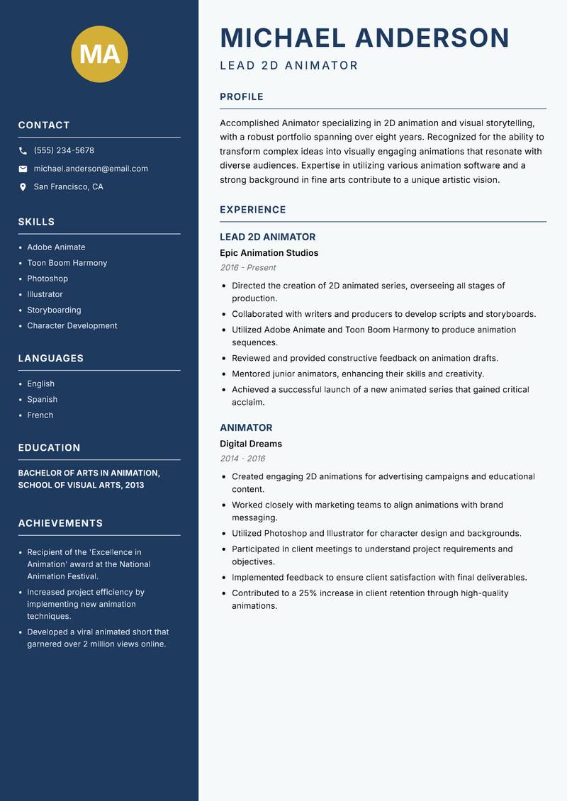 Animator resume template — Classic Clean