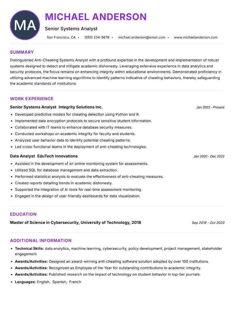 Anti-Cheating Systems Analyst resume example — E-Sports