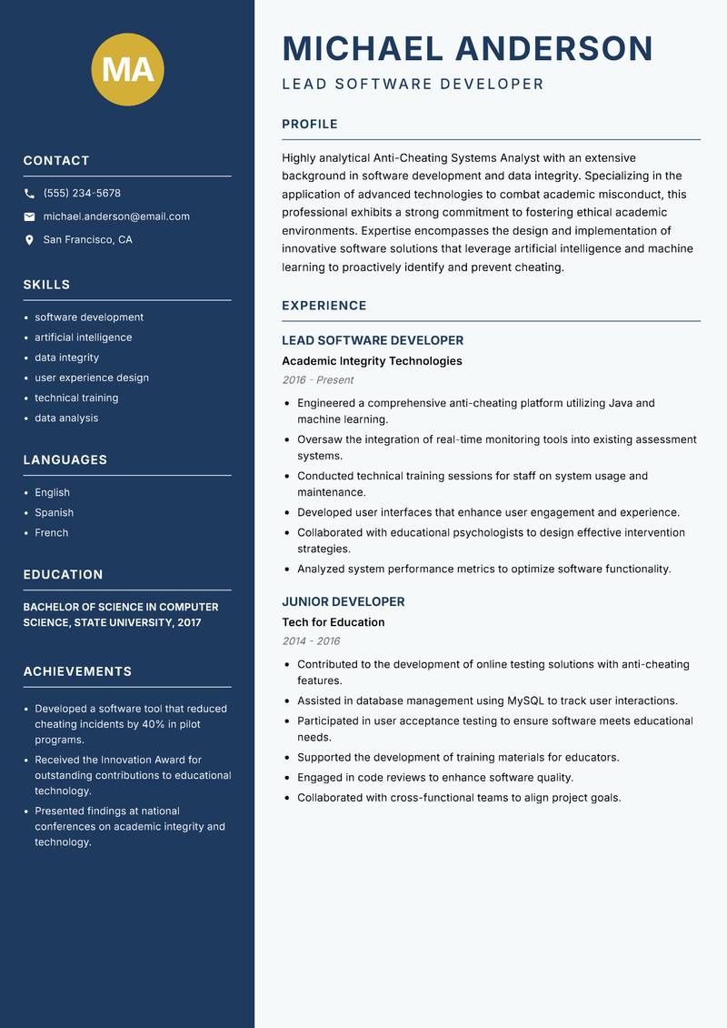 Anti-Cheating Systems Analyst resume template — Classic Clean